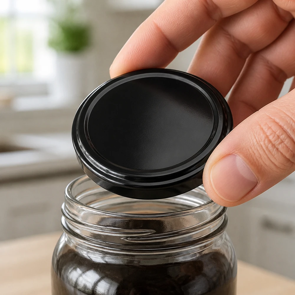 La tapa metálica negra UNiTWIST BasicSeal TO66 de 66 mm se coloca sobre un tarro de conserva con café.