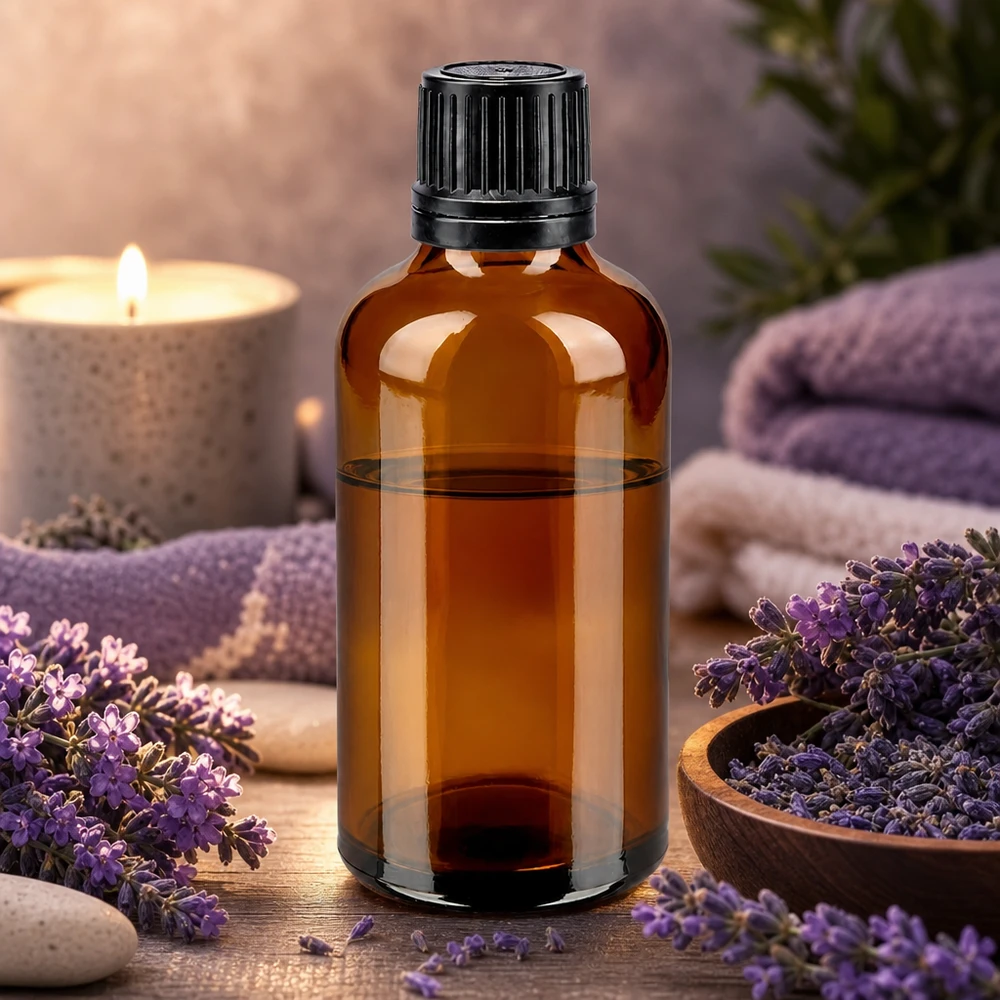 Frasco de farmacia de 50 ml, de vidrio ámbar, con tapón OV negro de 8 mm, para aromaterapia de lavanda