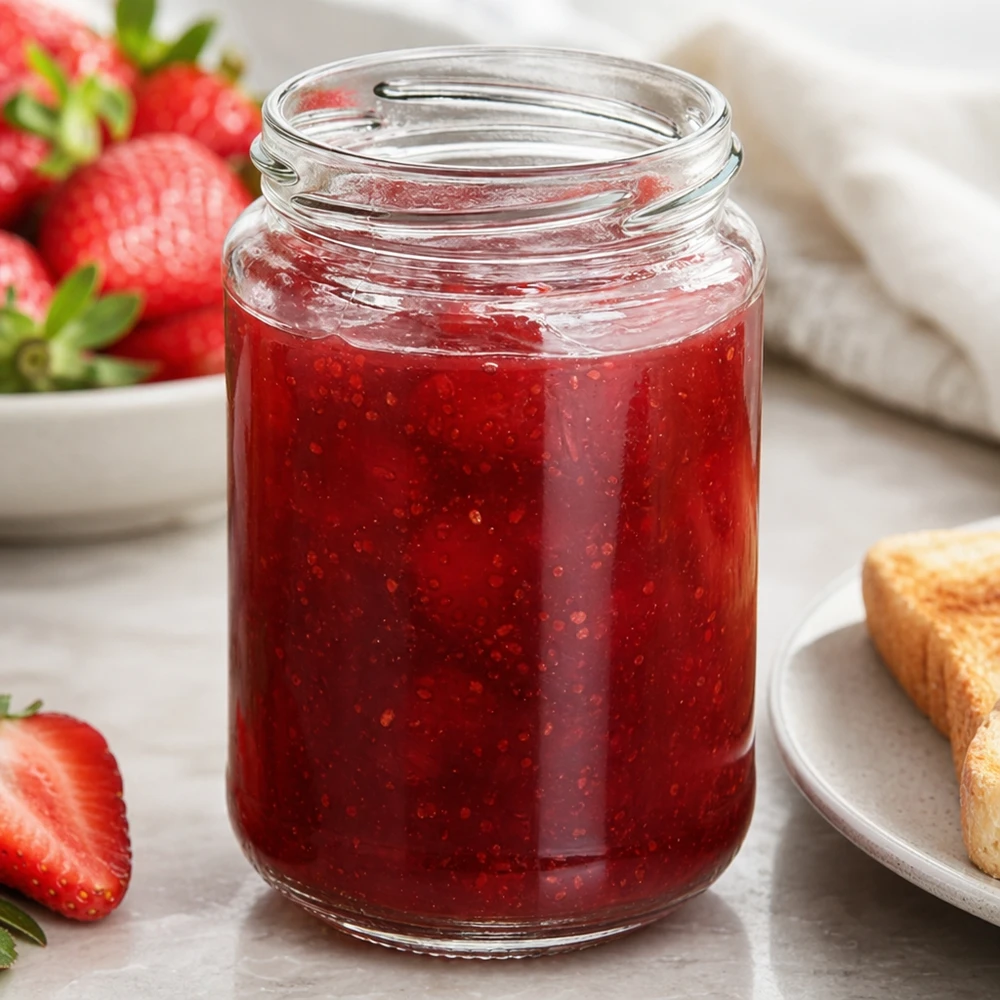 Tarro redondo de 390ml sin tapa (TO70) UNiTWIST UNiTWIST Runda390 vaso redondo 390ml TO70 relleno de mermelada de fresa roja junto a fresas frescas y pan tostado