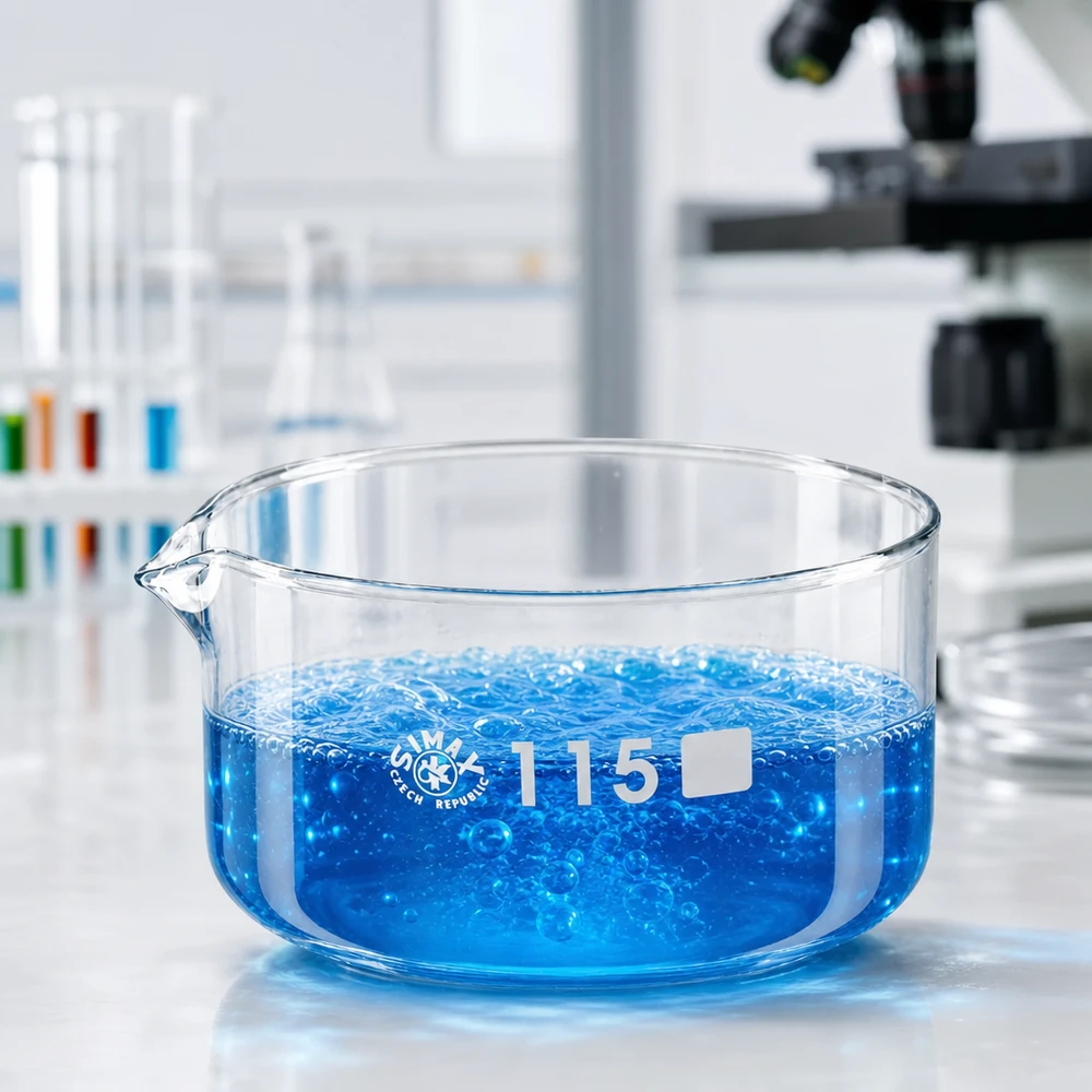 Cubeta de cristalización de 500 ml con pico de borosilicato ø115mm Recipiente de cristalización de 500 ml con líquido azul en ebullición. Sifón de ø 115 mm. SIMAX, República Checa. Laboratorio.