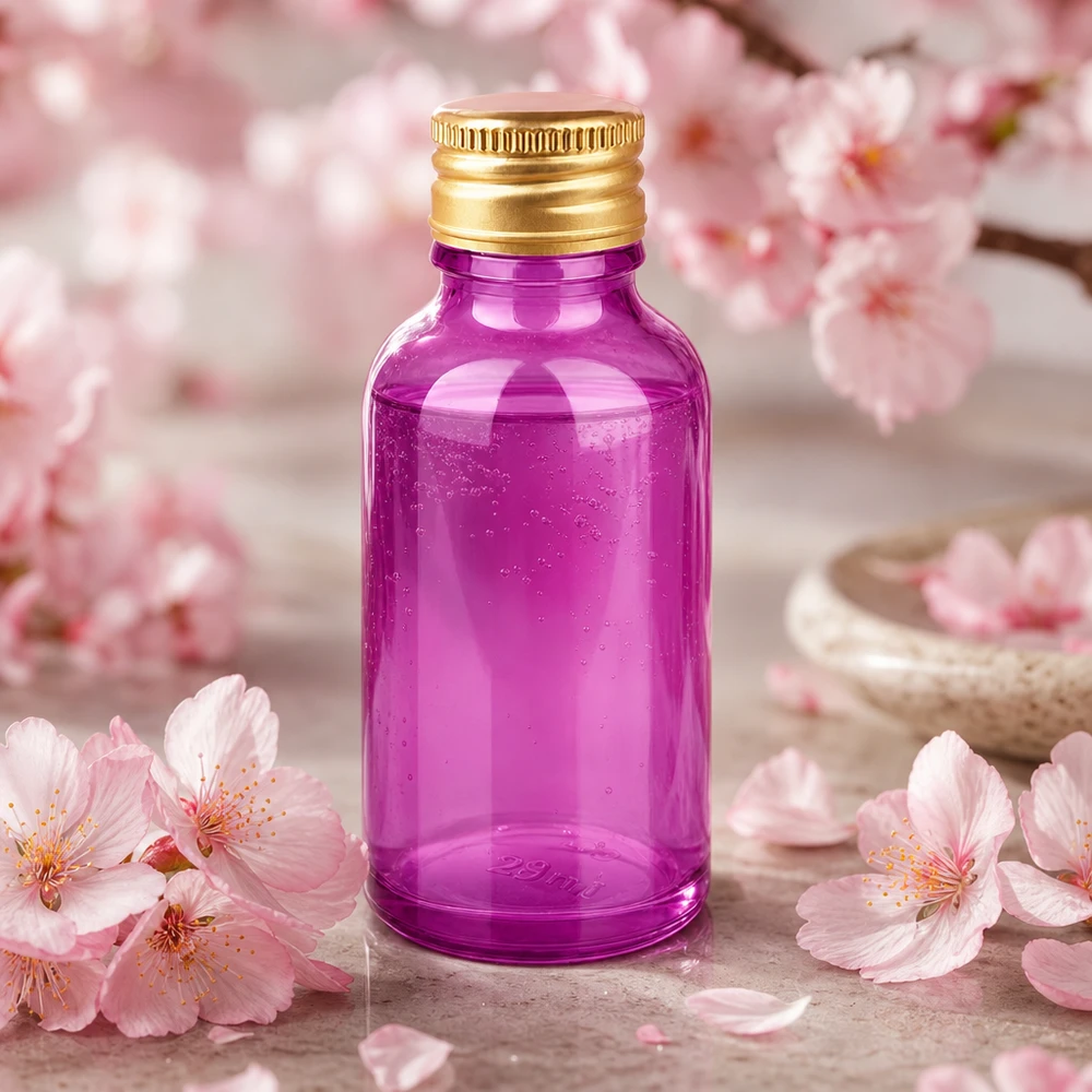 Frasco de 30 ml con robusto tapón de aluminio dorado y cristal morado con protección UV