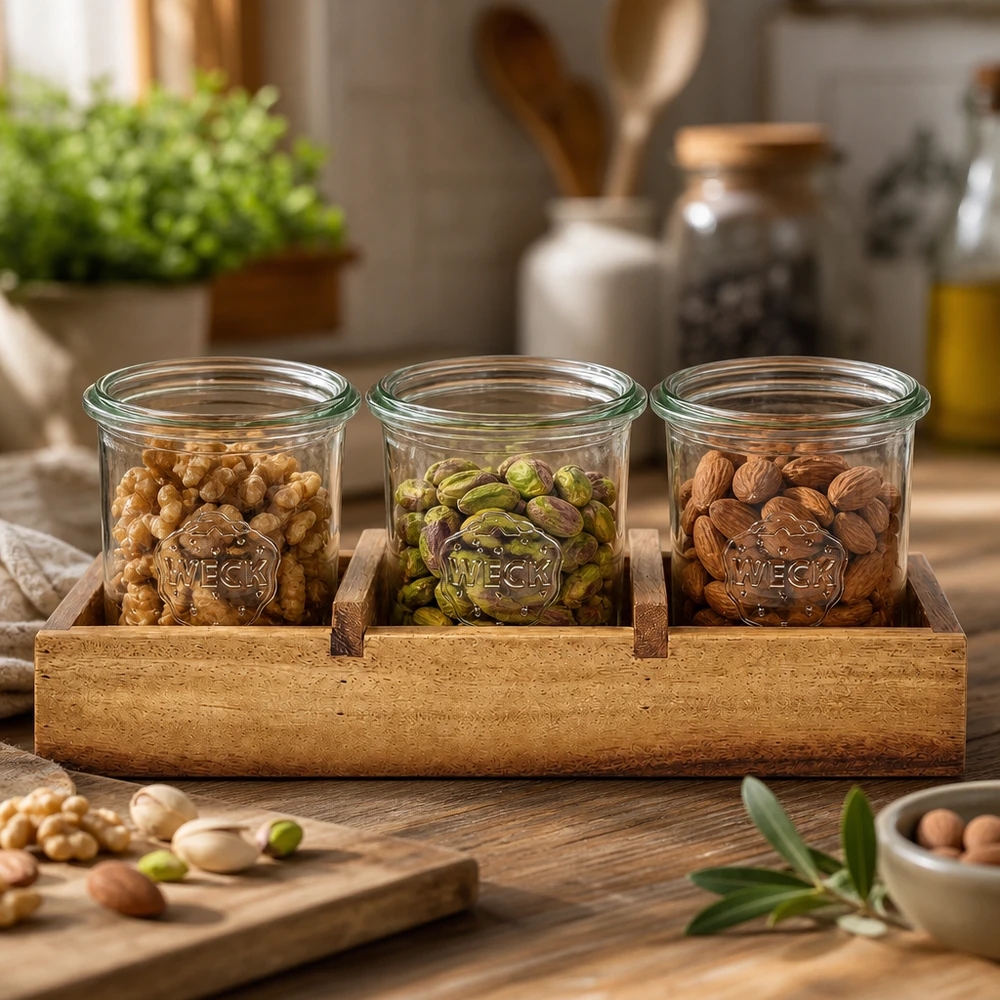 WECK vasos con nueces Nueces Pistachos Almendras en madera de acacia Bandeja de servir Box3 Almacenamiento de cocina Tarros de almacenamiento