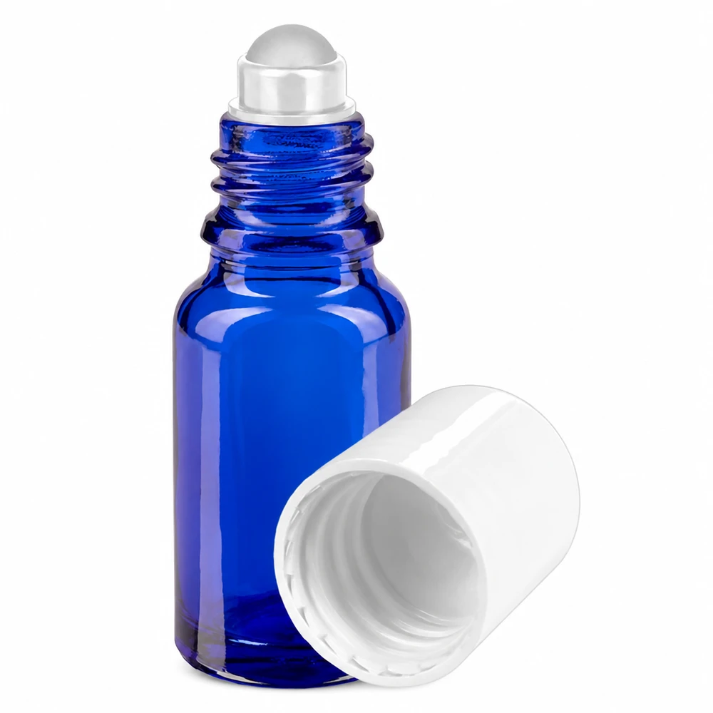 Botella de farmacia azul 10ml tapón roll-on blanco Frasco azul de 10 ml con aplicador de bola, de cristal de farmacia, con tapón blanco y aplicador de bola