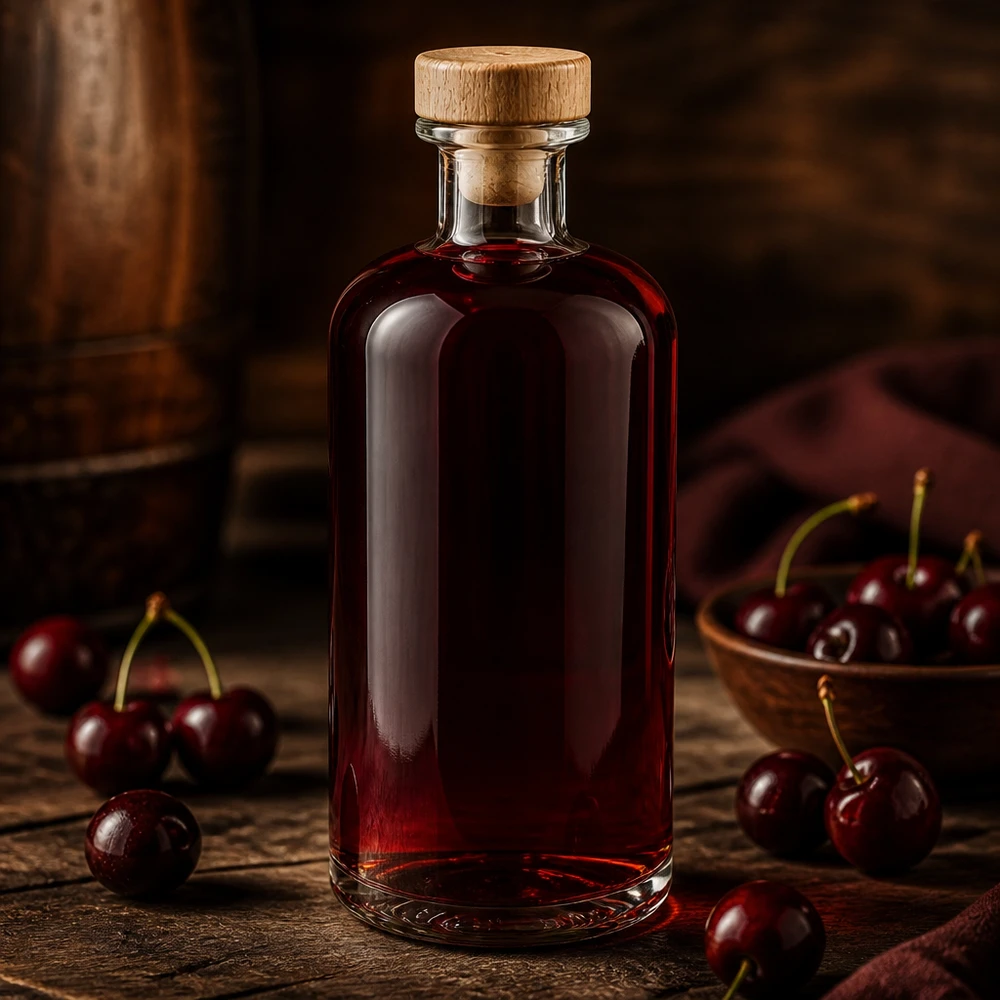 Botella de farmacia de 500 ml «Flora» con tapón de corcho con asa de madera UNiTWIST® Flora Botella de cristal de 500 ml con tapón de madera llena de licor de cereza entre cerezas frescas sobre una mesa de madera rústica
