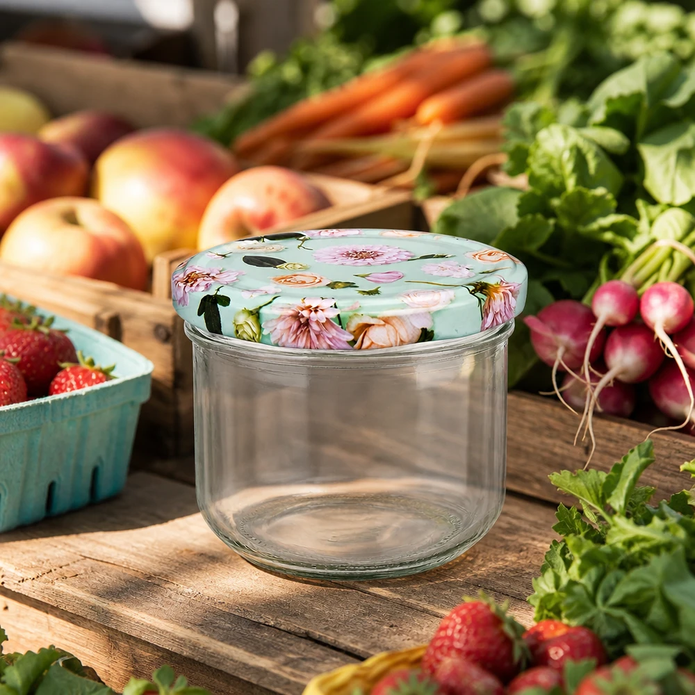 Vasos de 260 ml + tapa BasicSeal flor menta UNiTWIST Vasos de 260 ml BasicSeal tapa de flor de menta en una mesa de madera rodeada de verduras frescas, frutas y hierbas