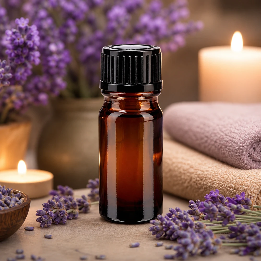 Botella de farmacia marrón 5ml tapón de rosca negro estándar Frasco de farmacia marrón de 5 ml con tapón cuentagotas negro, entre flores de lavanda y velas