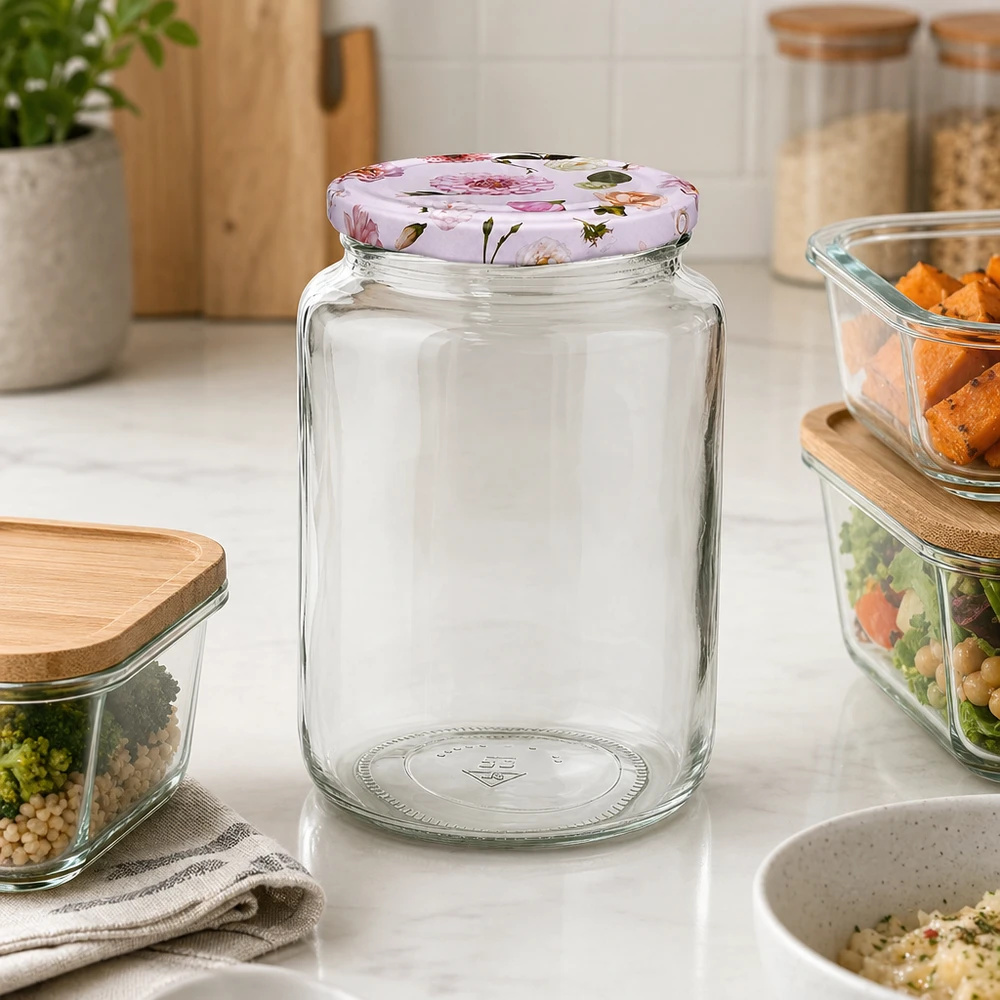 Tarro redondo de 795 ml vacío con tapa de flor rosa BasicSeal entre recipientes de almacenamiento llenos sobre encimera de cocina blanca