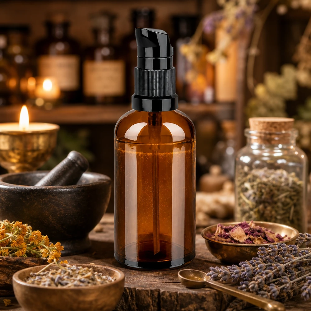 Frasco con bomba de 100 ml negro con tapón estándar BrownLine UT18/100 Botella con bomba STD BrownLine UT18 de 100 ml en elegante vidrio ámbar con práctico dispensador de bomba negro