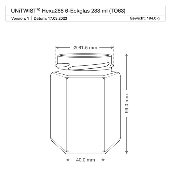 Tarro hexa de 288ml sin tapa (TO63) UNiTWIST UNiTWIST Hexa288 Vaso de 6 esquinas 288ml TO63 Dibujo técnico con dimensiones Diámetro 61,5mm Altura 99mm Peso 194g