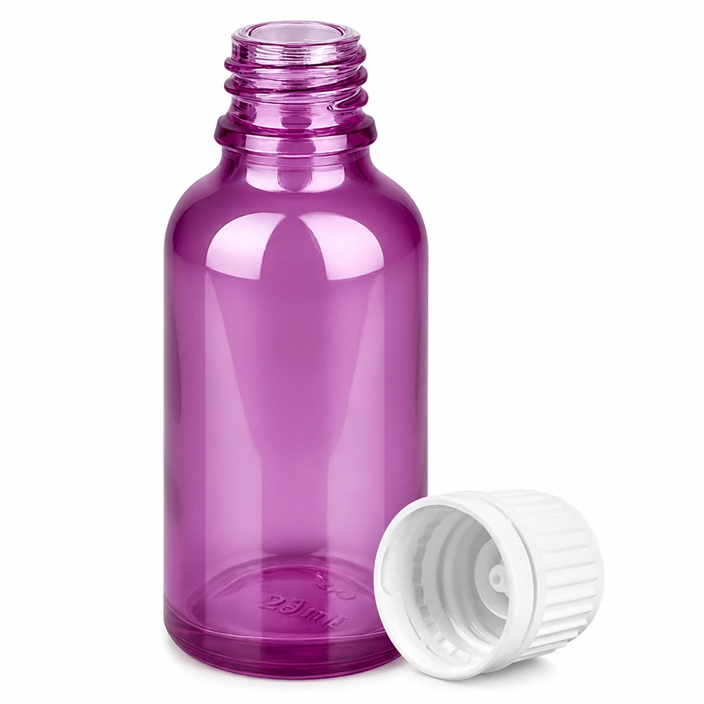 Frasco de 30 ml con tapón de rosca de 11 mm blanco Originalidad tapón de rosca PurpleLine UT18/30 Frasco gotero violeta de 30 ml con tapón blanco ideal para aromaterapia y cosmética natural