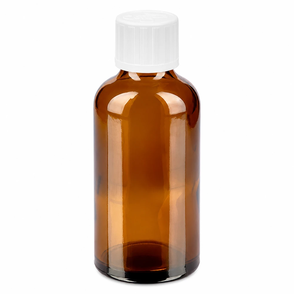 Frasco de vidrio ámbar de 50 ml con tapón de rosca blanco para medicamentos y cosméticos