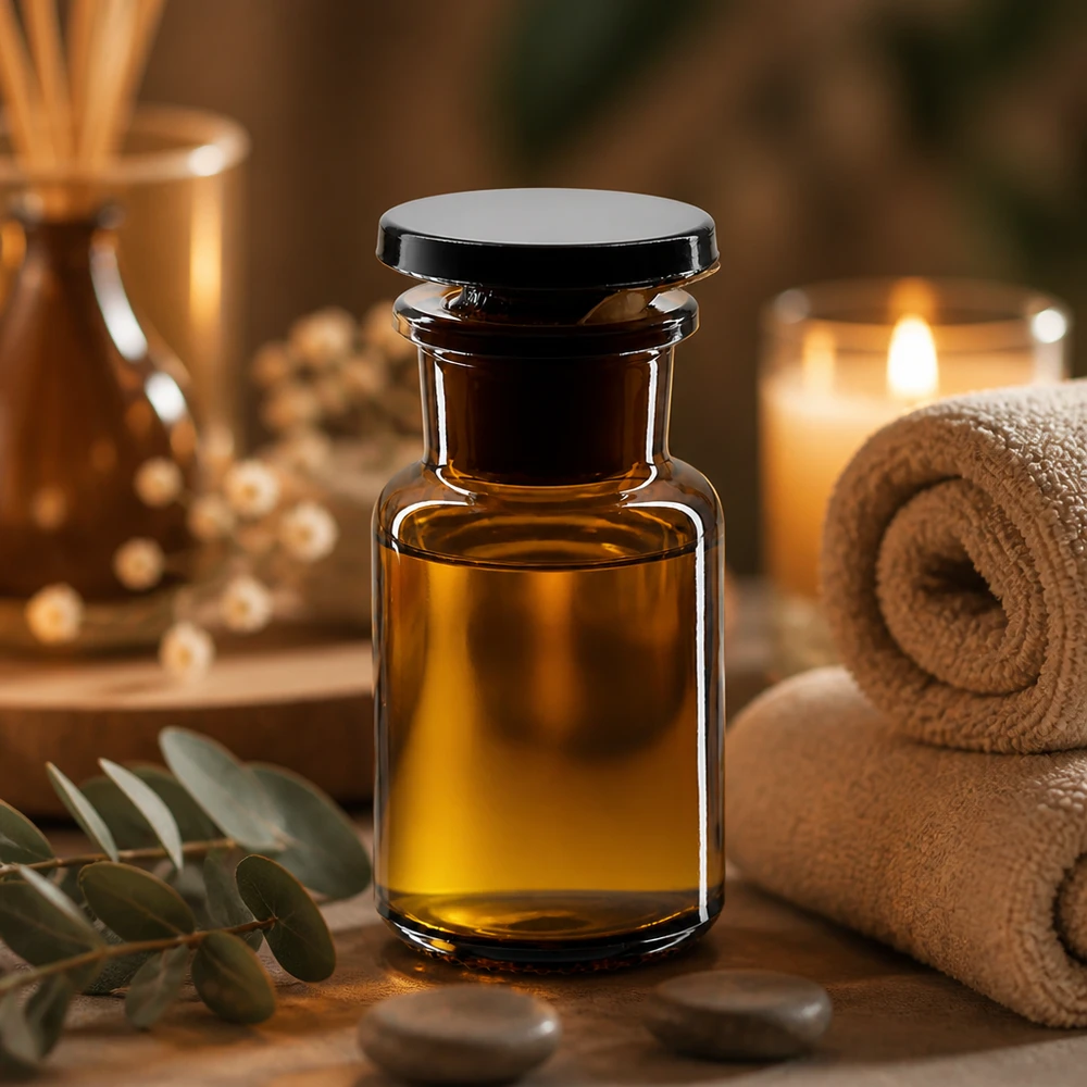 Frasco de farmacia de cuello ancho de color ámbar, de 50 ml, con tapón negro, en un ambiente de spa