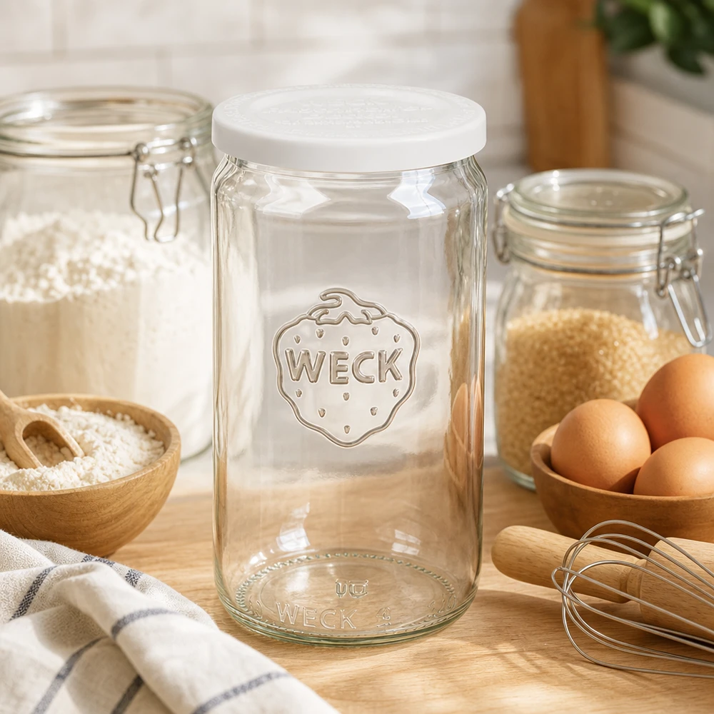 WECK 340ml tarro cilíndrico vacío con tapa blanca RR60 en cocina de repostería con huevos harina y utensilios de cocina de madera