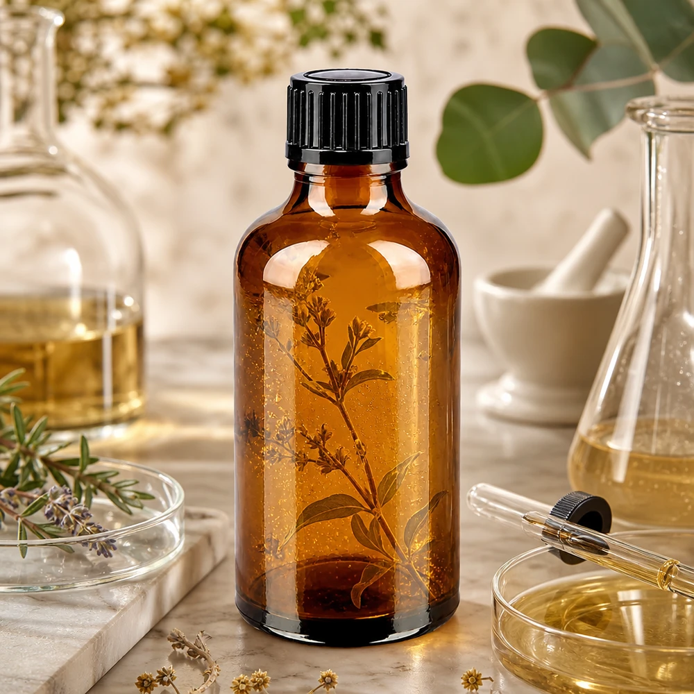 Botella de farmacia marrón 50ml tapón de rosca negro estándar Frasco de farmacia de vidrio ámbar de 50 ml con tapón de rosca negro, entre hierbas medicinales y matraces de Erlenmeyer