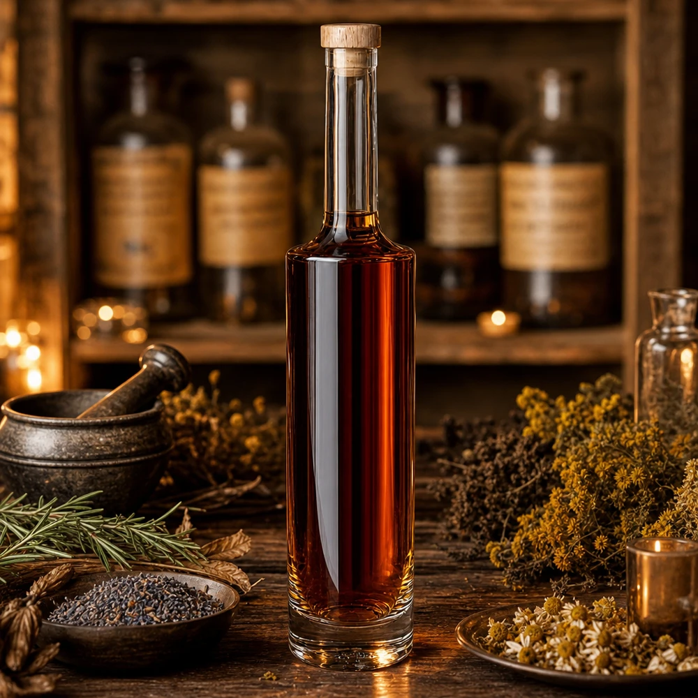 500ml Glasflasche Rosa mit brauner Spirituose in Apotheker-Ambiente mit Kräutern Gewürzen und Mörser