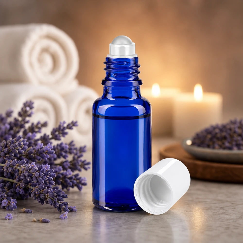 Frasco de farmacia azul de 20 ml con bola rodante de acero inoxidable junto a flores de lavanda y velas