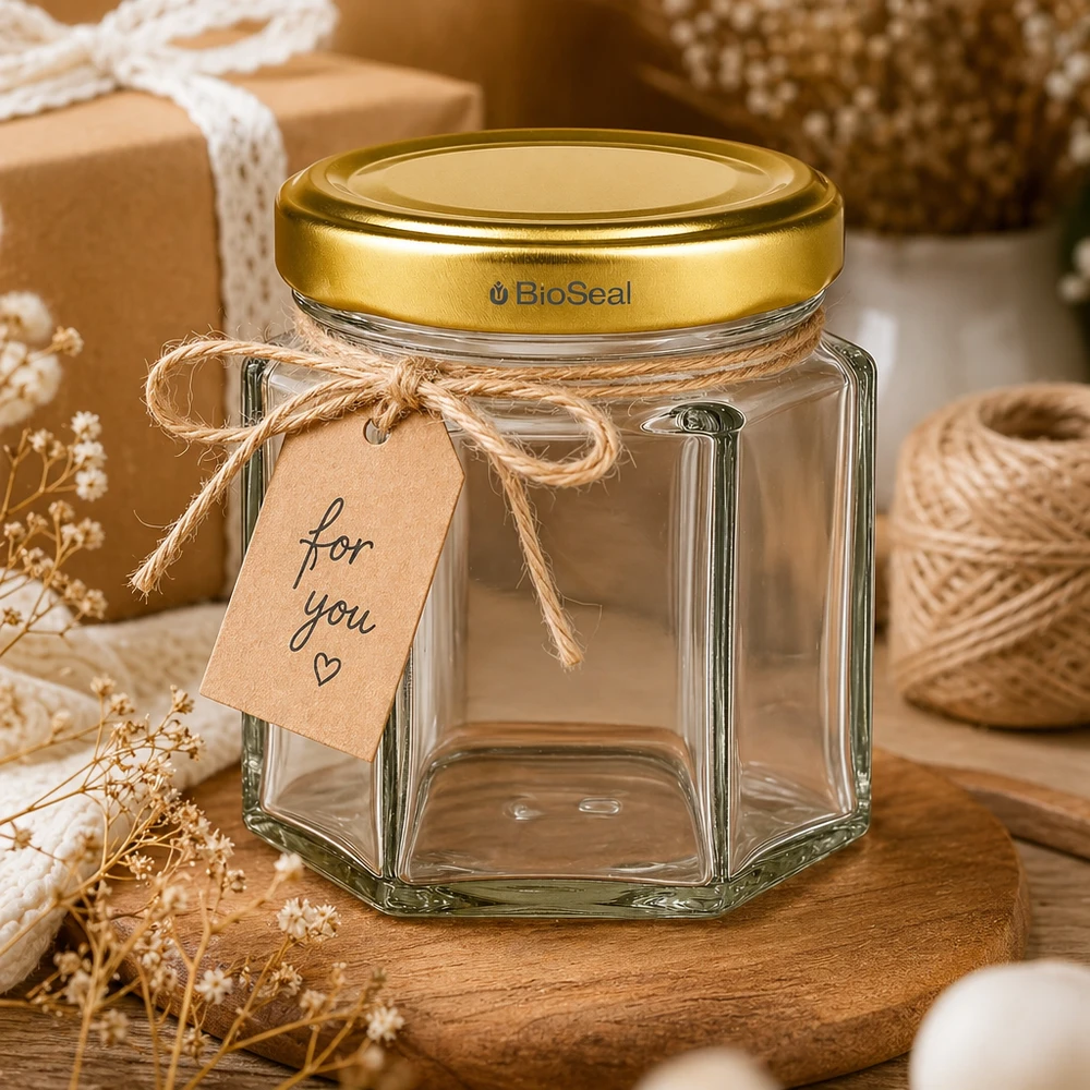 Tarro de miel de 60 g BioSeal vacío con etiqueta de regalo para usted en una escena decorativa rústica con cuerda de yute y flores secas