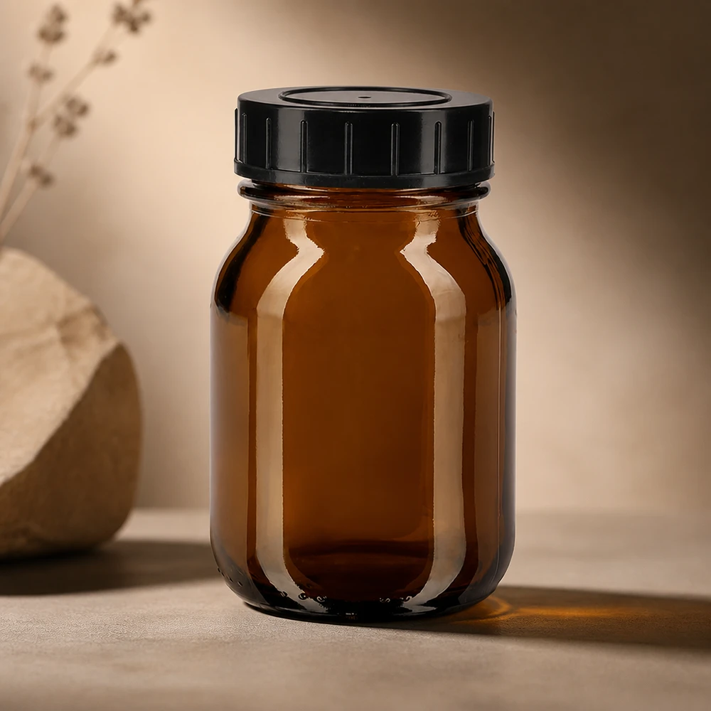 Botella de cuello ancho de 75ml de vidrio ámbar con tapón de rosca. Frasco de vidrio ámbar de 75 ml de alta calidad con tapón de rosca para una conservación óptima de los suplementos