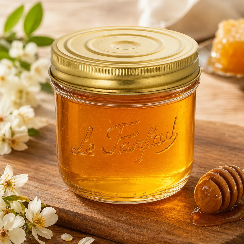 Le Parfait® Familia Wiss 350 g Ø100 mm tarro Miel en un tarro Le Parfait Familia Wiss de 415 ml con tapa dorada sobre una tabla de madera con flores y cuchara para miel