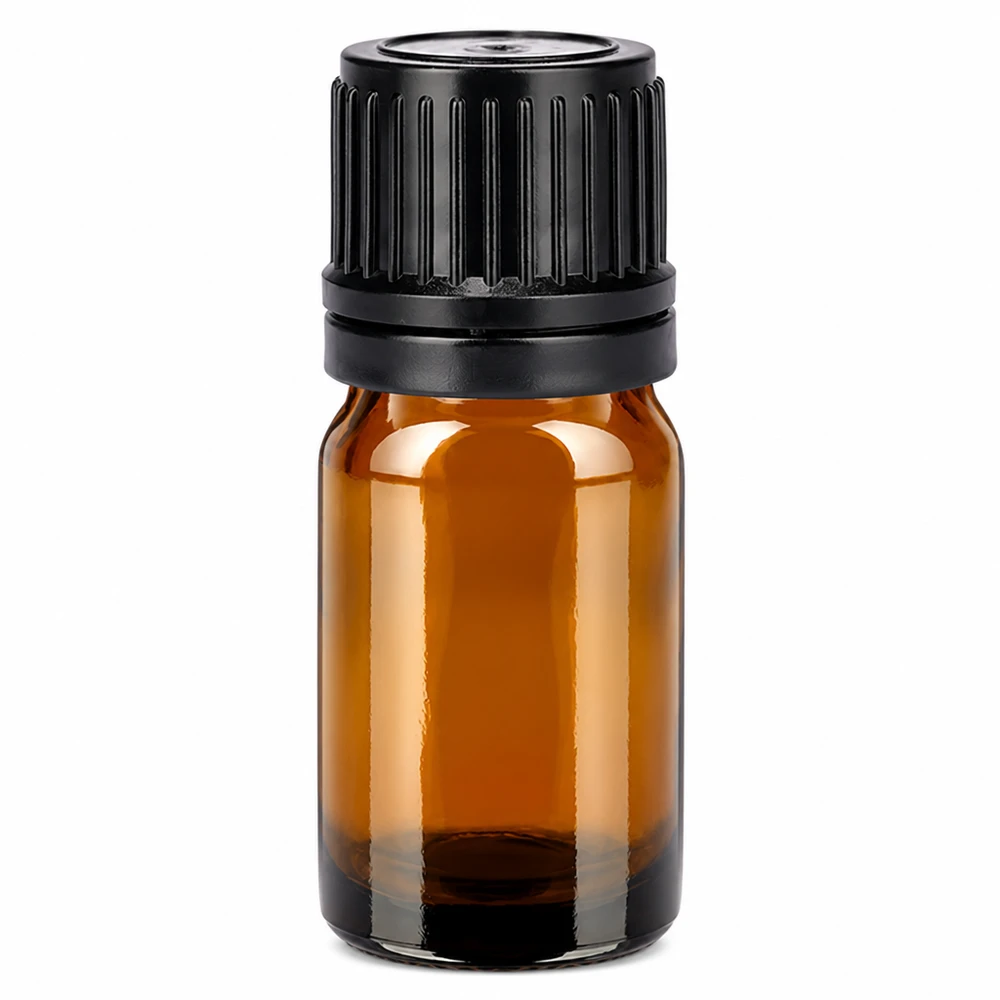 Frasco de vidrio marrón de 5 ml con tapón de rosca negro para aceites esenciales y aromaterapia
