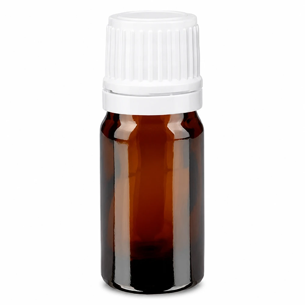 Frasco de farmacia marrón de 5 ml, de cristal ámbar, con tapón de rosca blanco de 11 mm