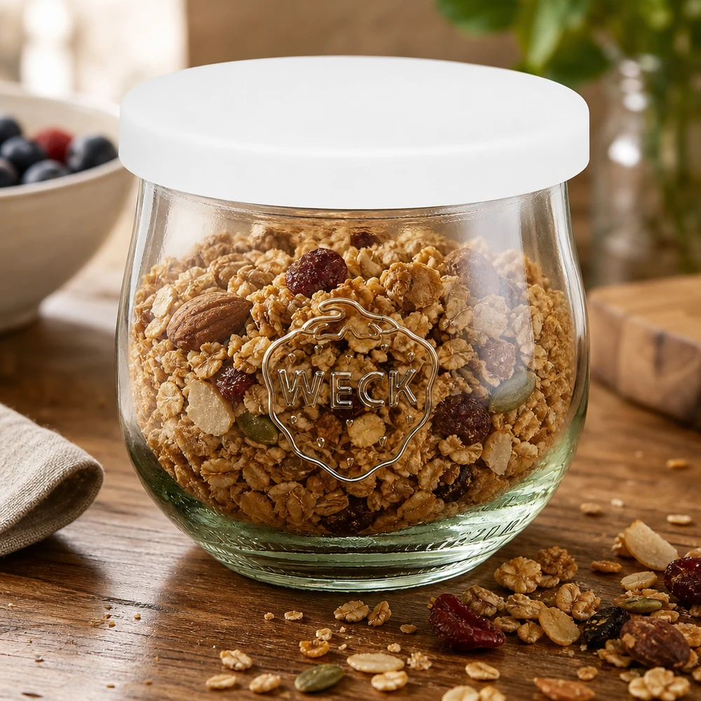 WECK tarro de almacenamiento 370ml lleno de muesli tapa de silicona blanca forma de tulipán almacenamiento de cocina frutos secos