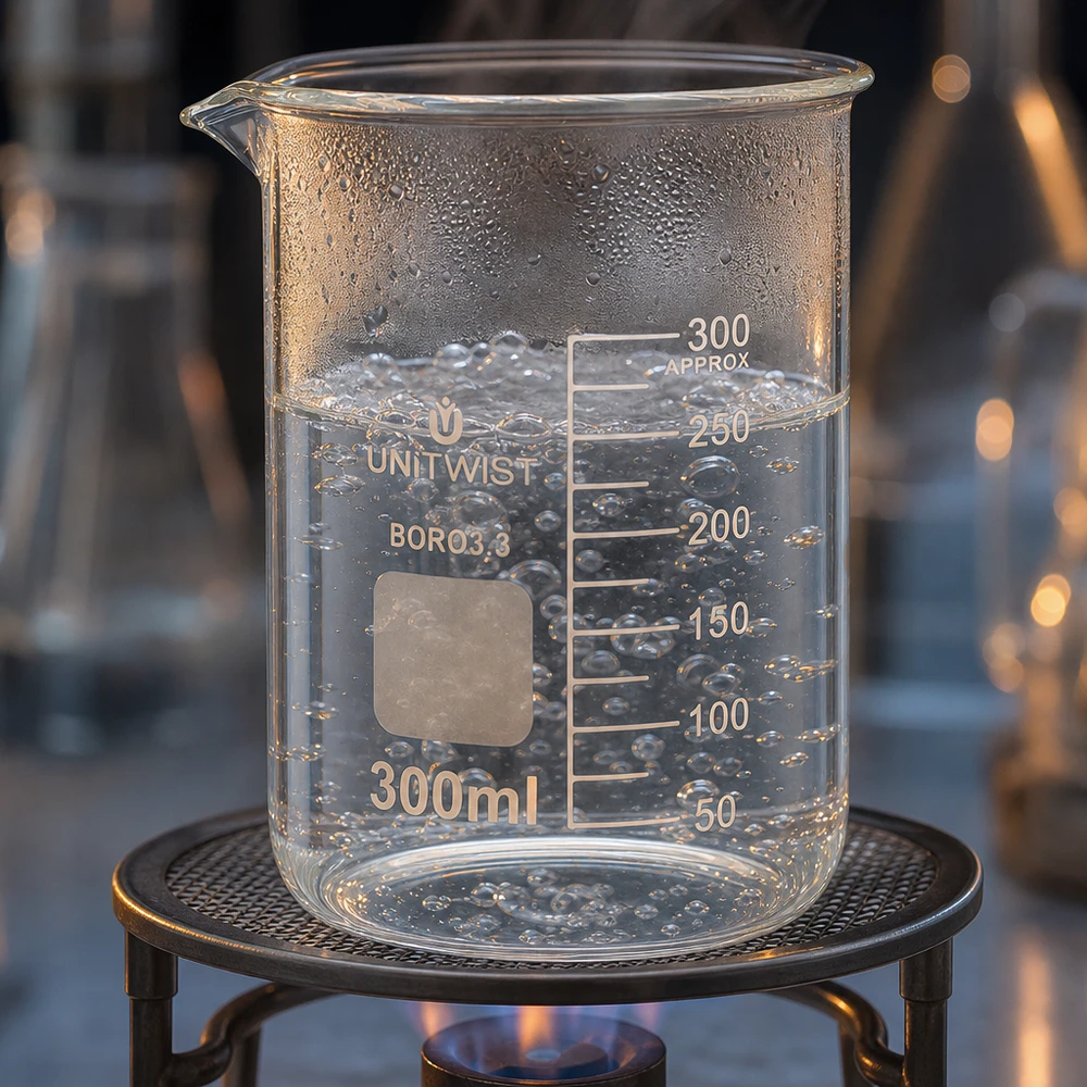 Vaso de precipitados de 300 ml sobre un mechero Bunsen con agua hirviendo y formación de burbujas, de UNiTWIST