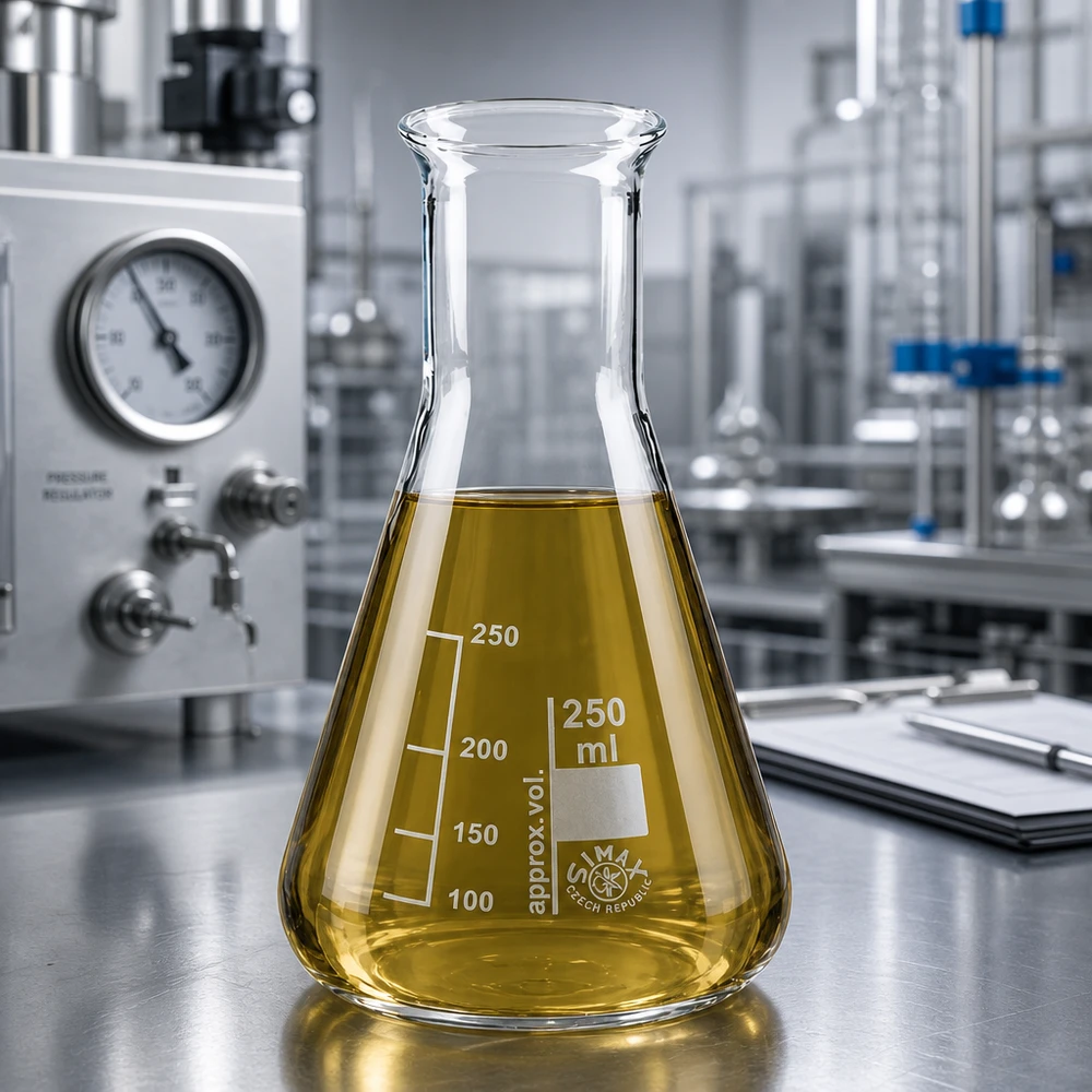 Matraz Erlenmeyer 250ml cuello estrecho Matraz Erlenmeyer de 250 ml resistente al calor de vidrio borosilicato con líquido amarillo en un moderno diseño de laboratorio