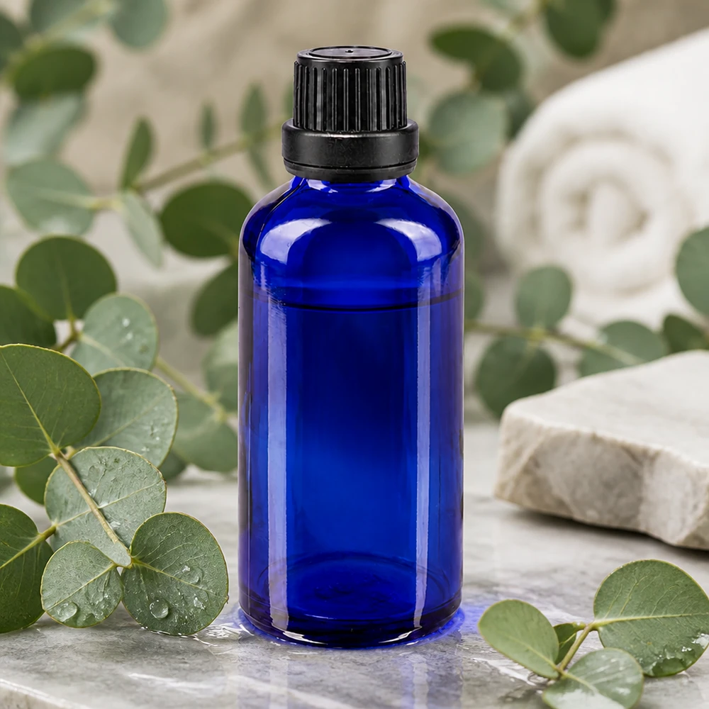 Frasco de farmacia azul cobalto de 50 ml con tapón de rosca original negro entre ramas de eucalipto