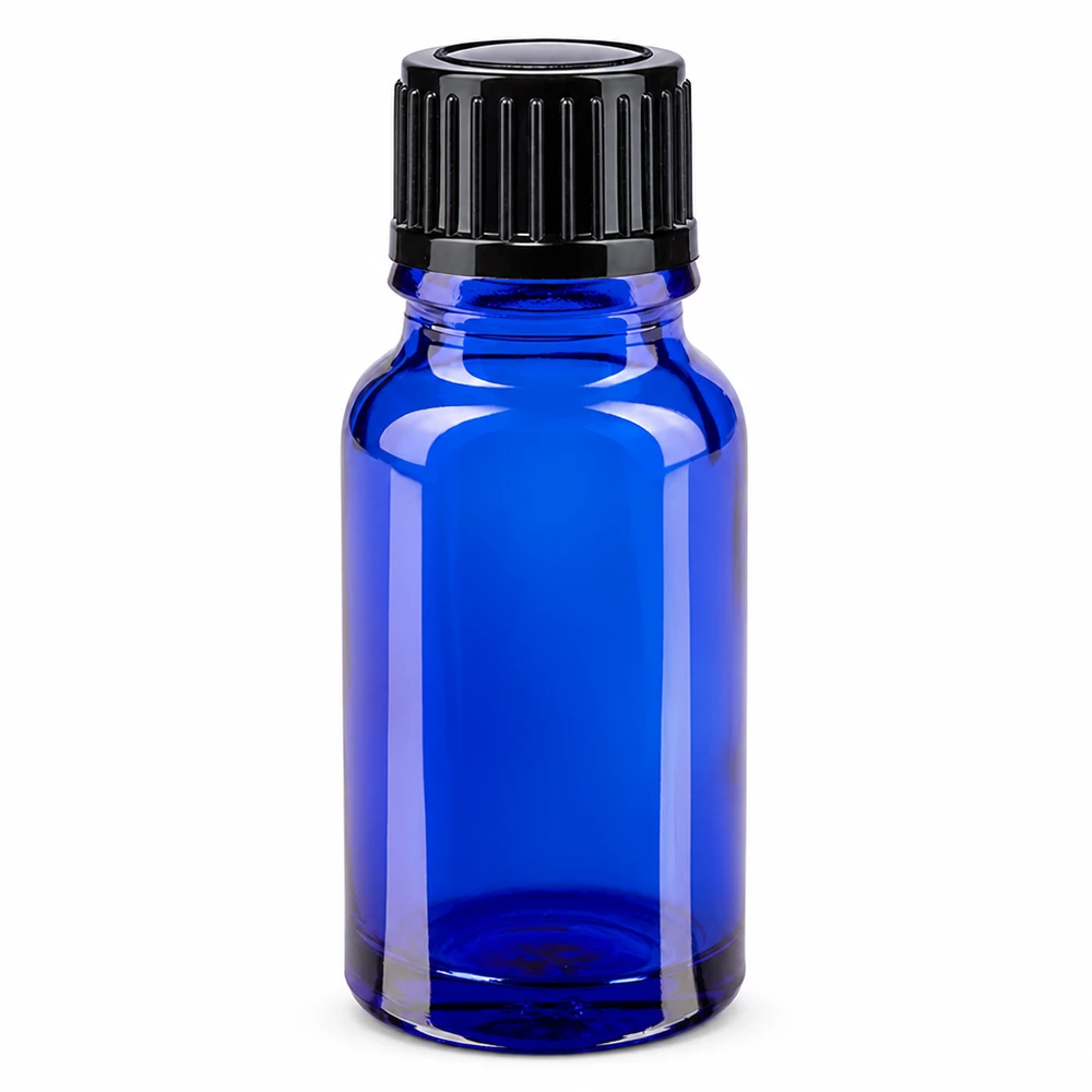Botella de farmacia azul 10ml tapón de rosca negro estándar Frasco de farmacia de cristal azul de 10 ml con tapón de rosca negro estándar de 11 mm