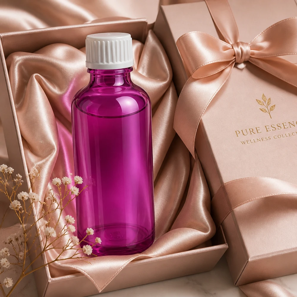 Frasco cuentagotas compacto de 50 ml en elegante color morado con boquilla dosificadora de 0,9 mm para productos de bienestar