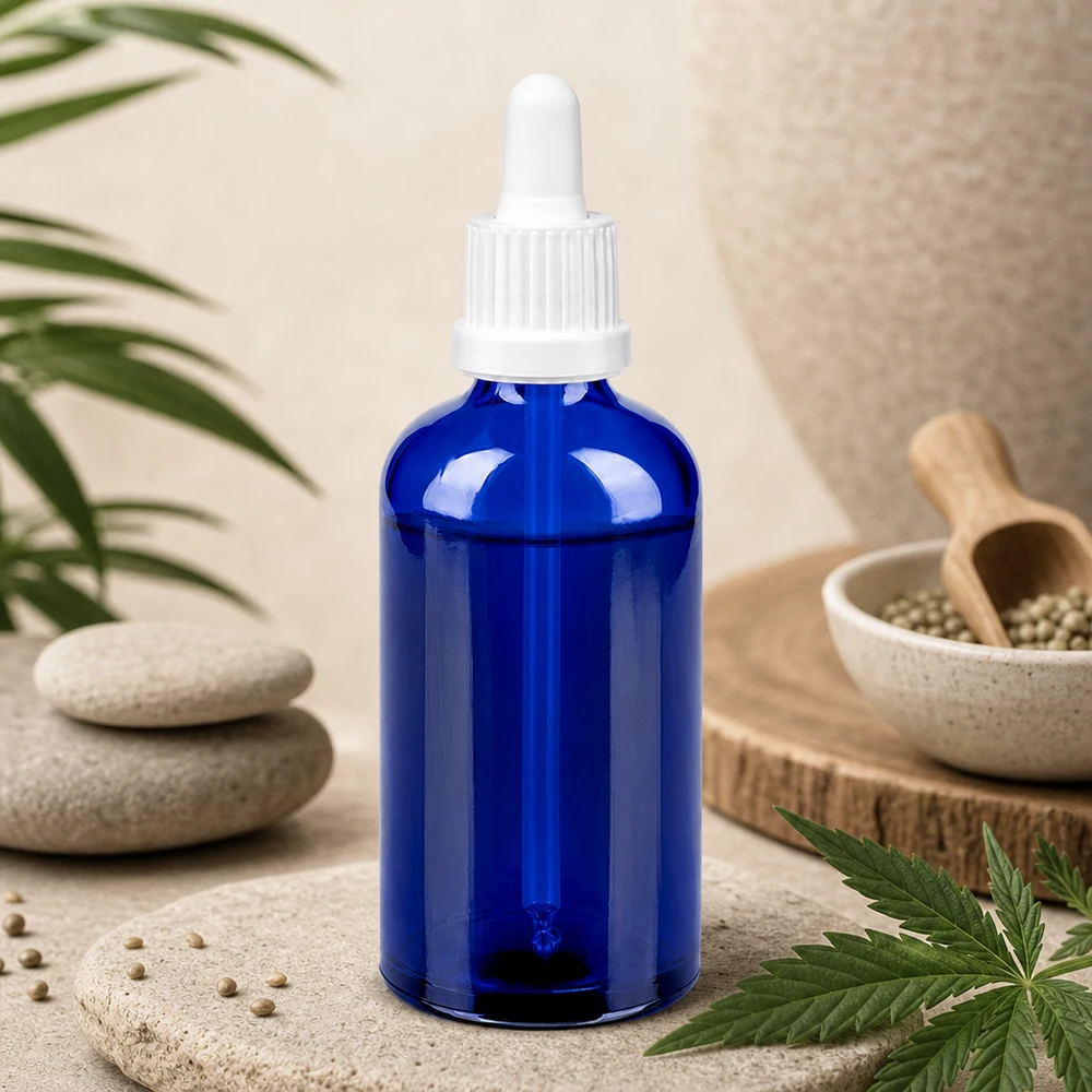 Frasco de vidrio azul de 100 ml con pipeta blanca ideal para aceite de CBD y tinturas BlueLine UT18/100