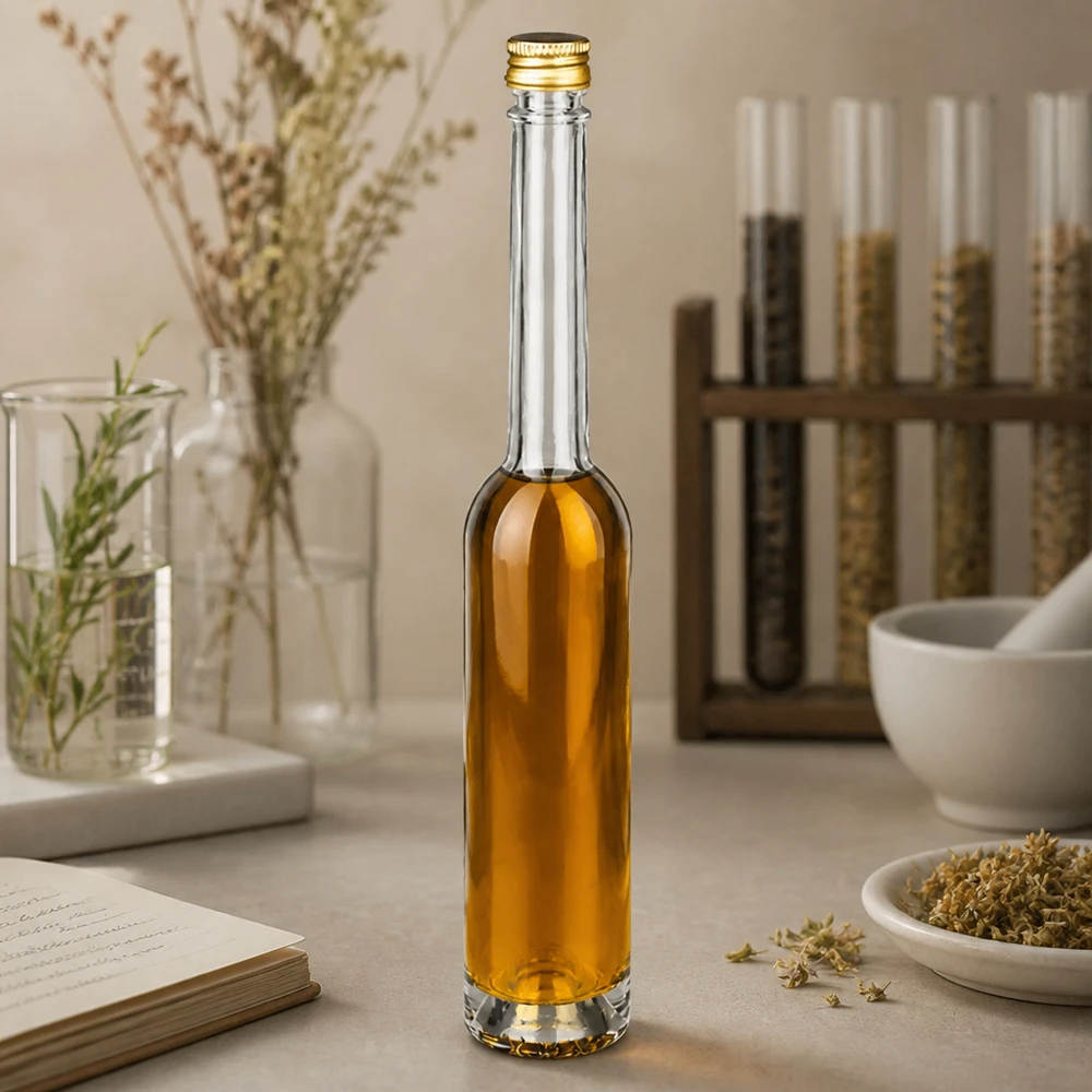 Botella de vidrio de 100 ml «Toni» y tapón de rosca plateado UNiTWIST® 100ml Glasflasche Toni mit bernsteinfarbener Flüssigkeit in apotheker-inspiriertem Ambiente - UNiTWIST Goldverschluss