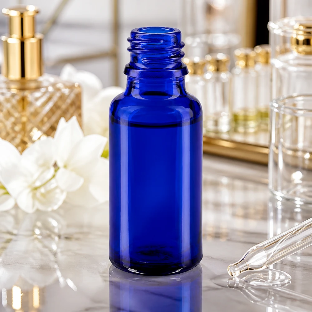 Frasco cuentagotas 20ml DIN 18 VIDRIO AZUL Elegante frasco de ApoGlas de 20 ml en diseño azul oscuro para cosméticos y remedios naturales