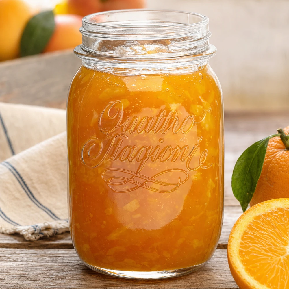 Tarro redondo de 500ml "Quattro Stagioni" QS70mm Tarro doméstico Quattro Stagioni de 500 ml lleno de mermelada de naranja junto a naranjas frescas sobre una mesa de madera