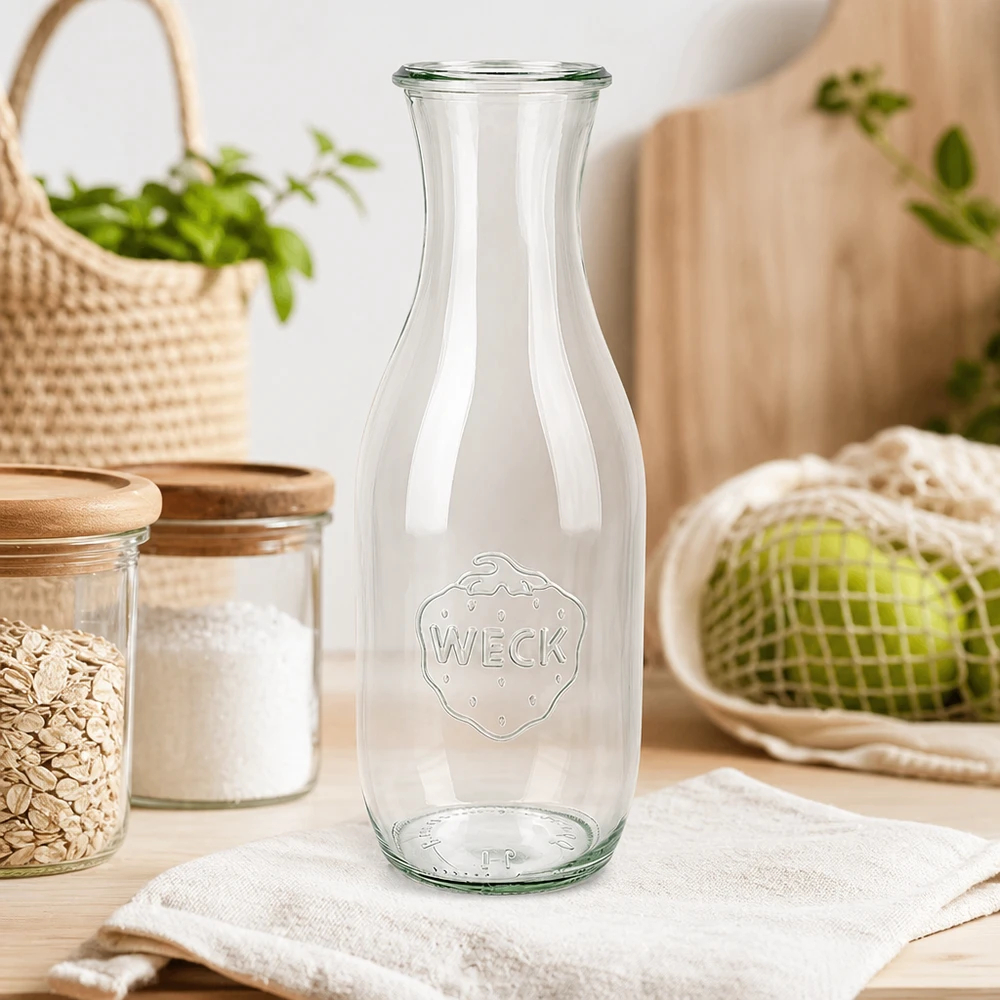 Botella de zumo WECK 1062ml RR60 sobre tela blanca en cocina sostenible con tarros de almacenamiento y verduras ecológicas