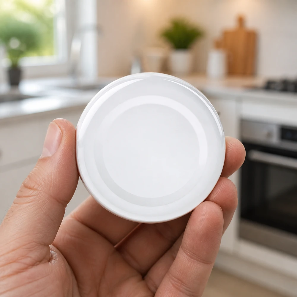 Tapa de rosca blanca TO43 de 43 mm BasicSeal UniTwist, sostenida con la mano