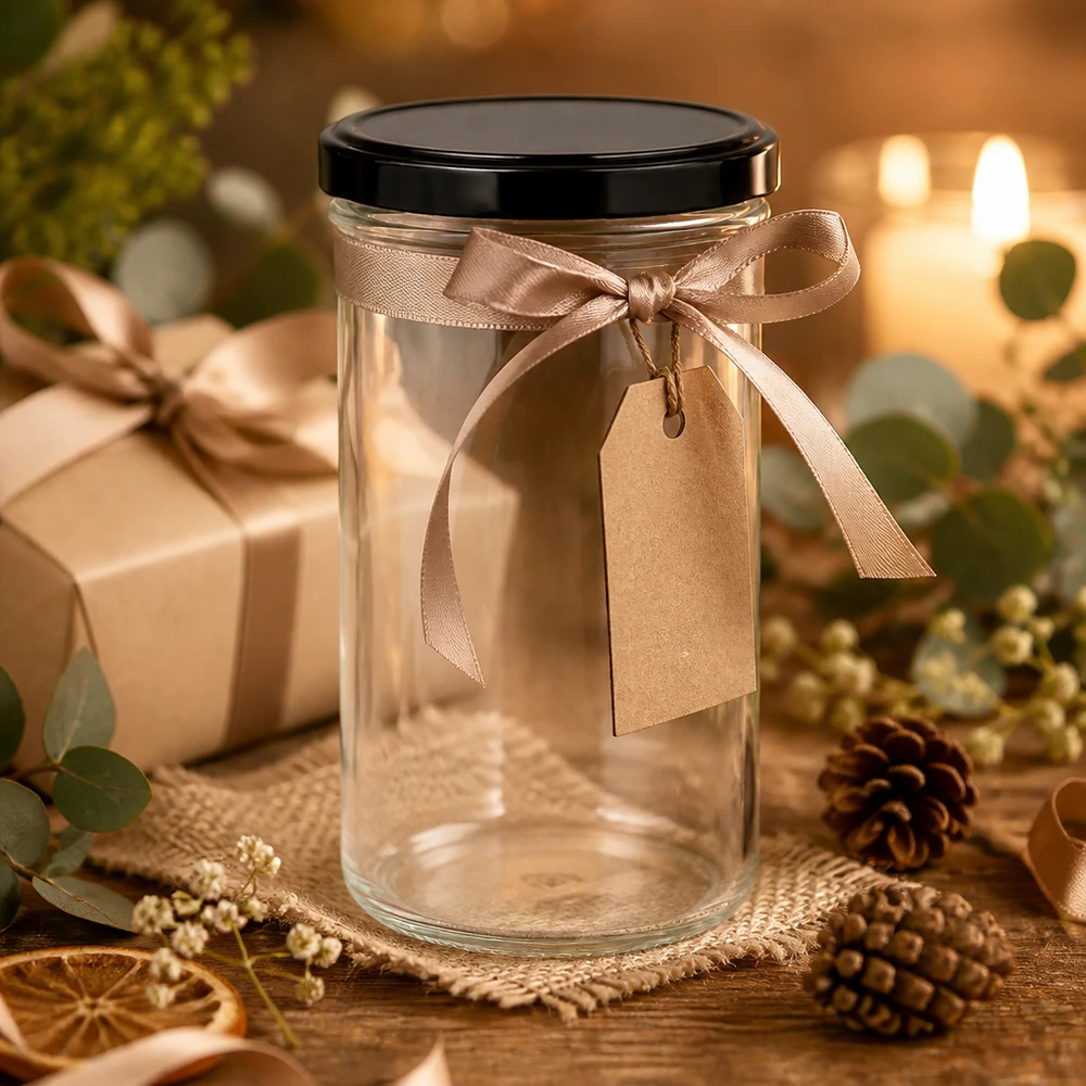 277ml vasos de regalo embalaje con lazo marrón y etiqueta de Navidad decoración regalo tarro vacío