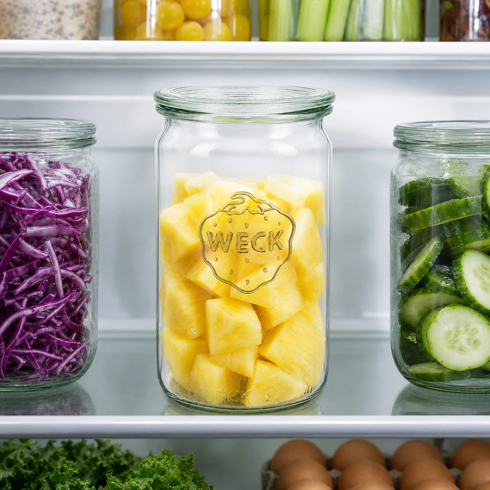 Tarro cilíndrico de 340ml con tapa de cristal WECK RR60 Tarro cilíndrico de 340 ml WECK RR60 en el frigorífico lleno de piña junto a la lombarda y el pepino para la organización de la preparación de comidas.