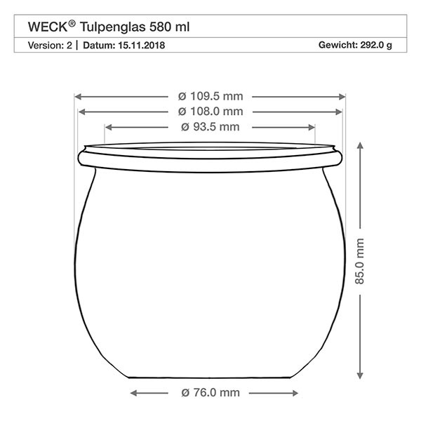 Dibujo técnico WECK tarro tulipán 580ml RR100 con dimensiones Diámetro Altura Peso Especificación del producto