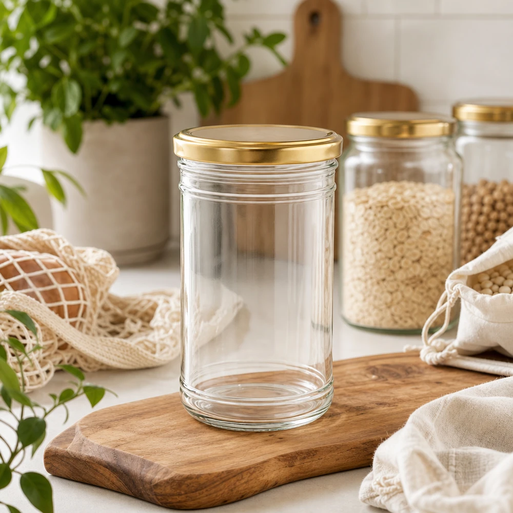 Vasos de 1053ml con tapa BasicSeal oro UNiTWIST Tarro de cristal vacío de 1053 ml con tapa dorada sobre tabla de madera en cocina sostenible de residuo cero con tarros de almacenamiento