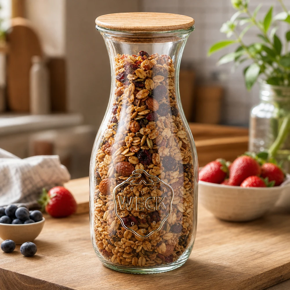 Botella de zumo WECK 530ml RR60 rellena de muesli y frutos secos como tarro de almacenaje con tapa de madera sobre tabla de madera