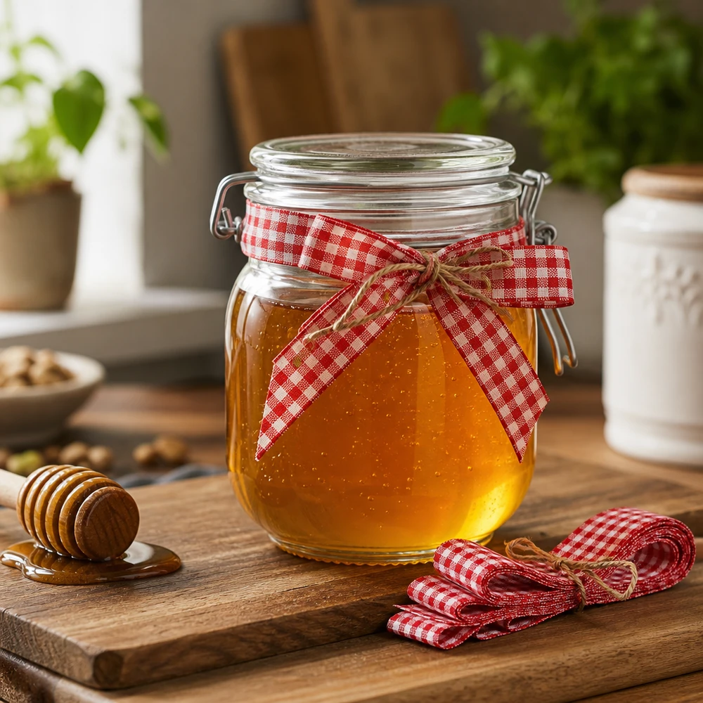 Cinta de tela de cuadros rojos y blancos atada alrededor de un tarro de miel como lazo de regalo con una cuchara de madera sobre una tabla de cocina rústica.