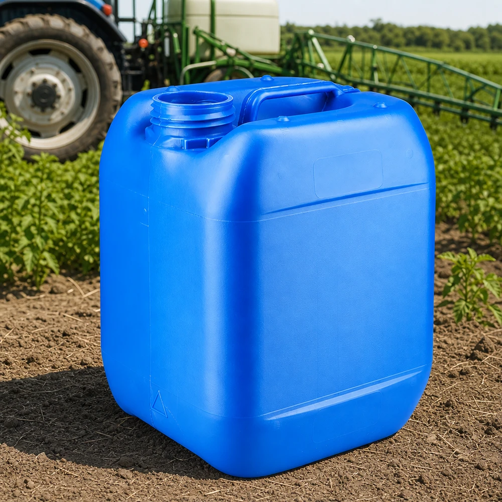 Bidón azul de 5 litros sin tapón, utilizado en el ámbito agrícola junto a un tractor y un pulverizador agrícola