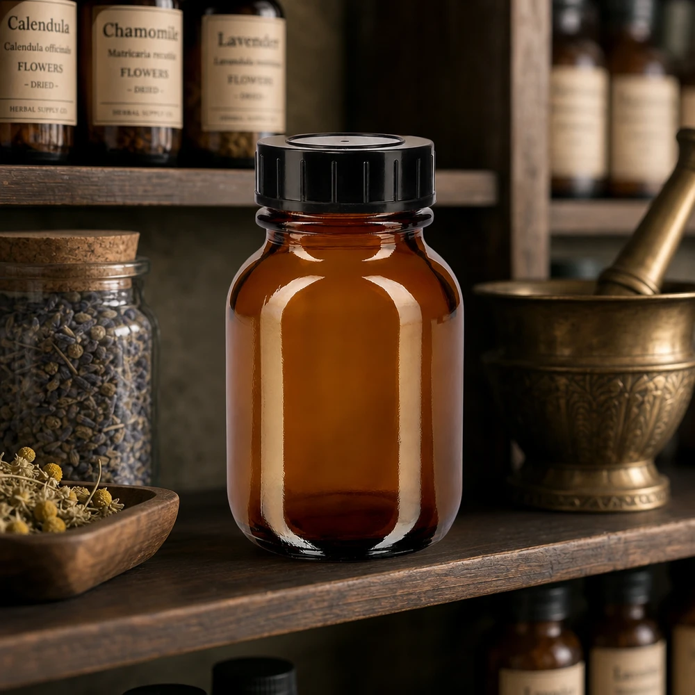 Frasco de vidrio ámbar de 50 ml de alta calidad con perfil de cuello ancho para aplicaciones farmacéuticas y cosméticas