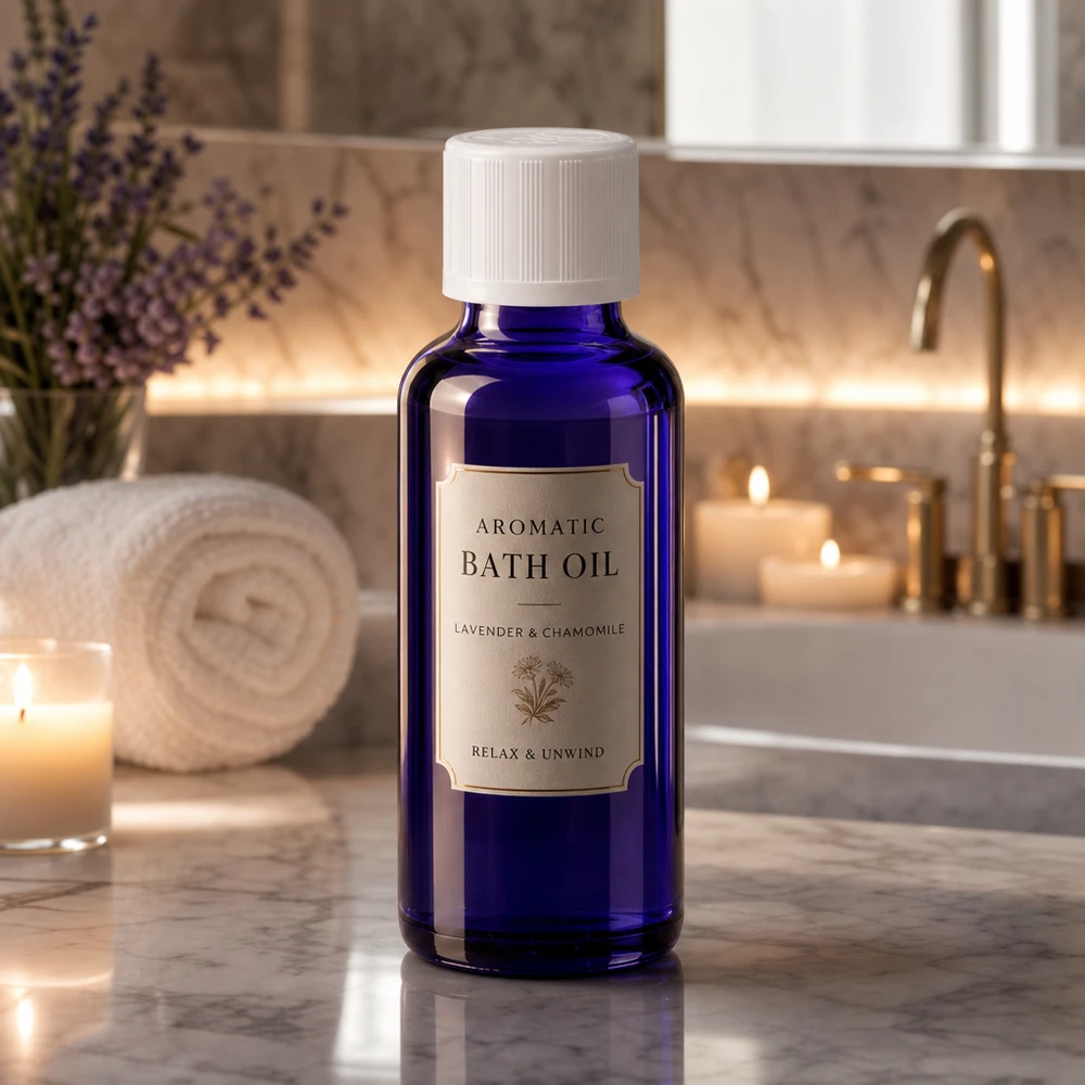 Botella de farmacia azul 30ml tapón de rosca blanco a prueba de niños estándar Frasco de farmacia azul de 30 ml para aceite de baño con lavanda y manzanilla, en un ambiente de baño
