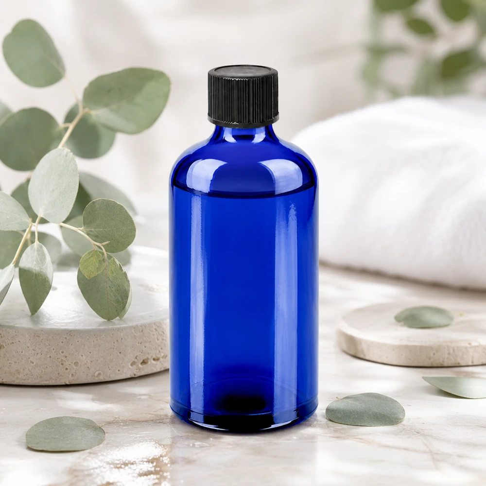 Frasco cuentagotas de 100ml 1mm negro cierre estándar BlueLine UT18/100 Frasco de vidrio azul de alta calidad de 100 ml con gotero de precisión de 1 mm para una dosificación óptima de los principios activos