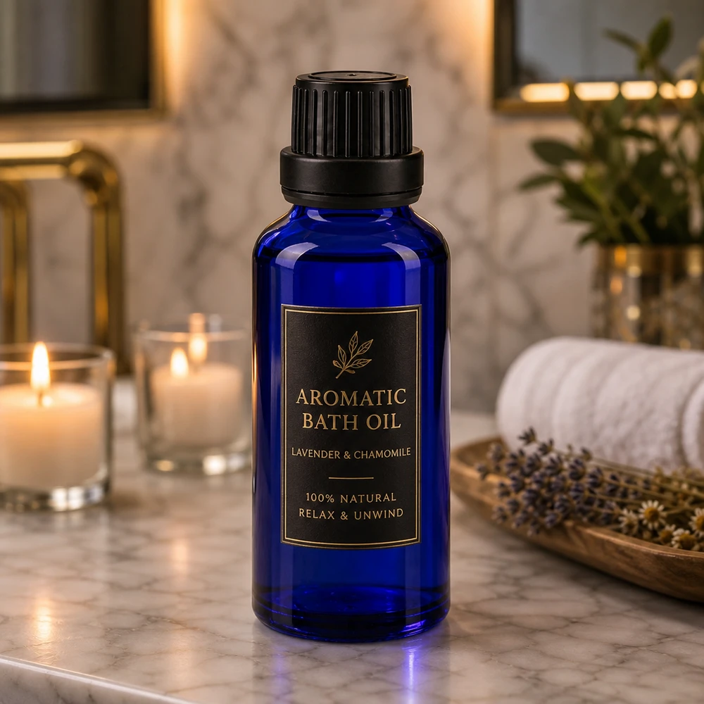 Botella de farmacia azul 30ml tapón rosca negro cierre inviolable Pequeño frasco de farmacia de 30 ml en color azul cobalto con tapón de rosca para el aceite de baño de lavanda y manzanilla