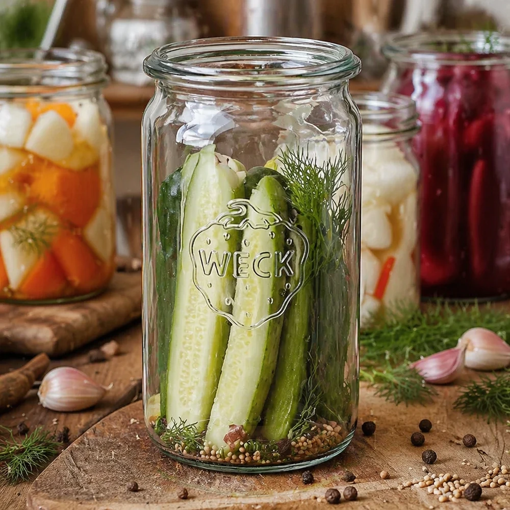 El tarro cilíndrico RR60 de 340 ml de WECK con pepino encurtido y eneldo muestra el uso versátil para encurtir verduras