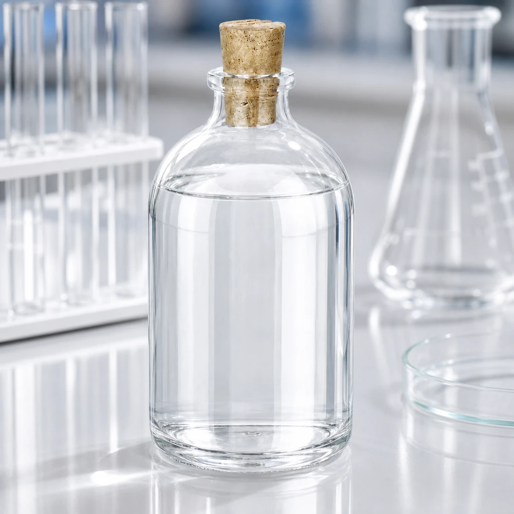 Botella de vidrio transparente, 100ml, con corcho 11/14mm Miniaturflasche Klarglas 100ml mit konischem Korken auf Labortisch